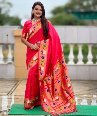 gajri paithani silk blend woven meenakari jacquard heavy wedding special saree 1