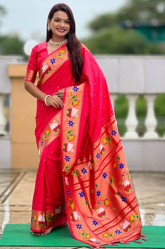 gajri color paithani silk blend  woven meenakari jacquard designer heavy wedding special saree