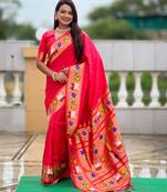 gajri color paithani silk blend woven meenakari jacquard heavy wedding special saree