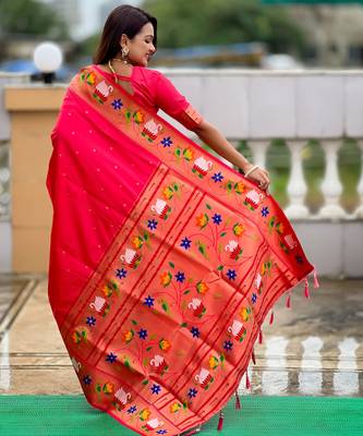gajri paithani silk blend woven meenakari jacquard heavy wedding special saree 2