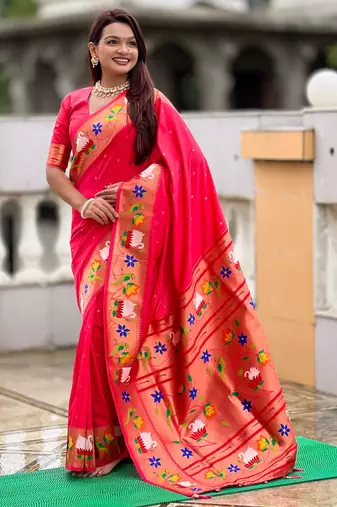 gajri paithani silk blend woven meenakari jacquard heavy wedding special saree