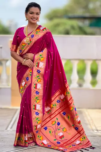 magenta color paithani silk blend  woven meenakari jacquard designer heavy wedding special saree