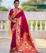 magenta color paithani silk blend woven meenakari jacquard heavy wedding special saree