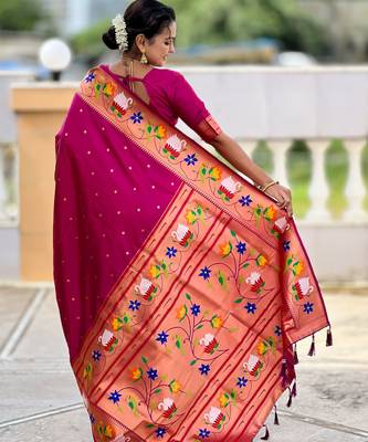 magenta paithani silk blend woven meenakari jacquard heavy wedding special saree 2