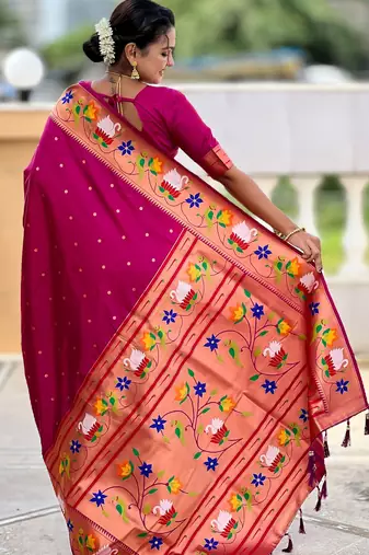 magenta paithani silk blend woven meenakari jacquard heavy wedding special saree