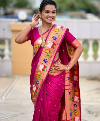 magenta paithani silk blend woven meenakari jacquard heavy wedding special saree 3