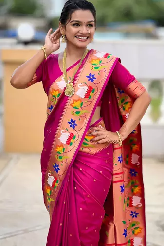 magenta paithani silk blend woven meenakari jacquard heavy wedding special saree