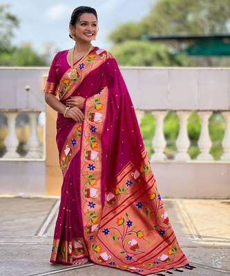 magenta paithani silk blend woven meenakari jacquard heavy wedding special saree 4