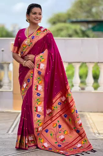magenta paithani silk blend woven meenakari jacquard heavy wedding special saree