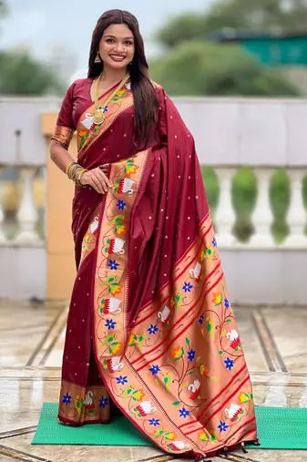maroon color paithani silk blend  woven meenakari jacquard designer heavy wedding special saree