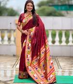 maroon paithani silk blend woven meenakari jacquard heavy wedding special saree
