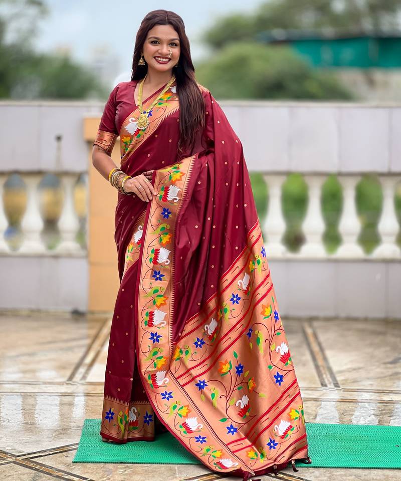 maroon color paithani silk blend  woven meenakari jacquard designer heavy wedding special saree