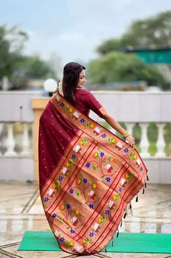 maroon paithani silk blend woven meenakari jacquard heavy wedding special saree
