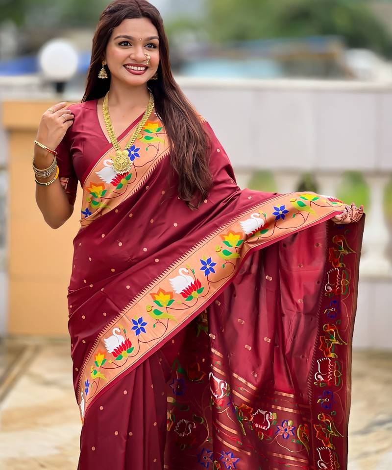 maroon color paithani silk blend  woven meenakari jacquard designer heavy wedding special saree