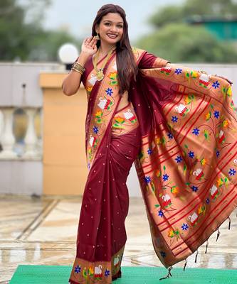 maroon paithani silk blend woven meenakari jacquard heavy wedding special saree 4
