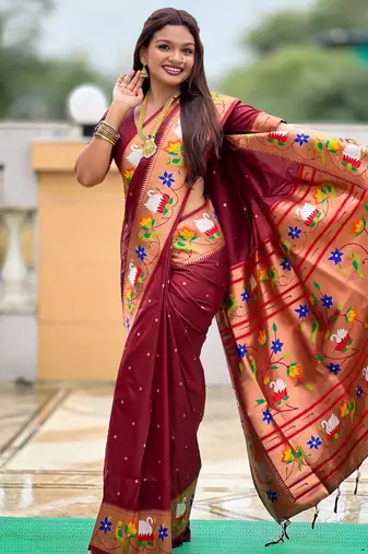 maroon paithani silk blend woven meenakari jacquard heavy wedding special saree
