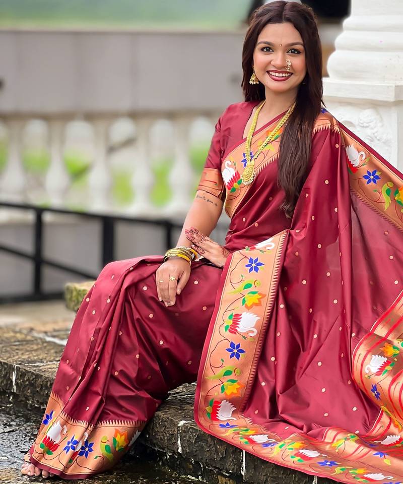 maroon color paithani silk blend  woven meenakari jacquard designer heavy wedding special saree