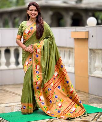 mahendi paithani silk blend woven meenakari jacquard heavy wedding special saree 1