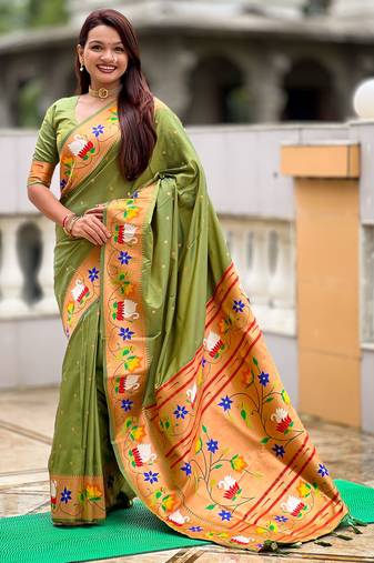 mahendi color paithani silk blend  woven meenakari jacquard designer heavy wedding special saree