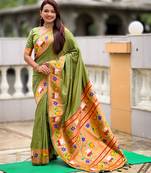 mahendi paithani silk blend woven meenakari jacquard heavy wedding special saree