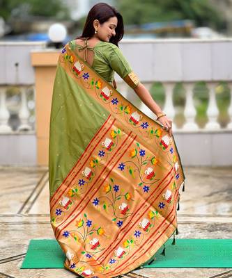 mahendi paithani silk blend woven meenakari jacquard heavy wedding special saree 2