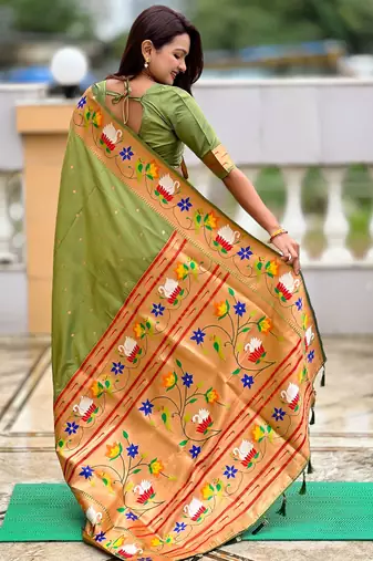 mahendi paithani silk blend woven meenakari jacquard heavy wedding special saree