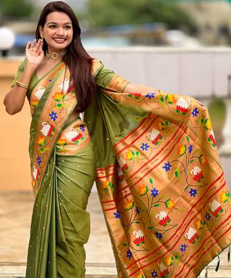 mahendi paithani silk blend woven meenakari jacquard heavy wedding special saree 3