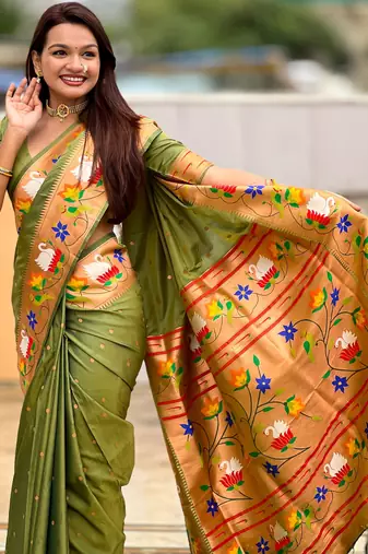 mahendi paithani silk blend woven meenakari jacquard heavy wedding special saree