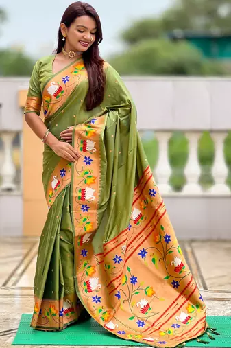 mahendi paithani silk blend woven meenakari jacquard heavy wedding special saree