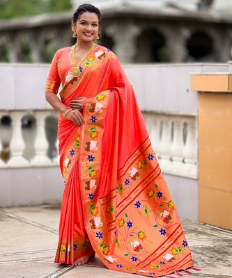 orange paithani silk blend woven meenakari jacquard heavy wedding special saree 1