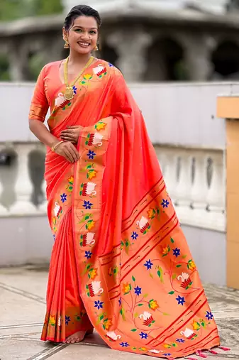 orange color paithani silk blend  woven meenakari jacquard designer heavy wedding special saree