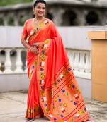 orange paithani silk blend woven meenakari jacquard heavy wedding special saree