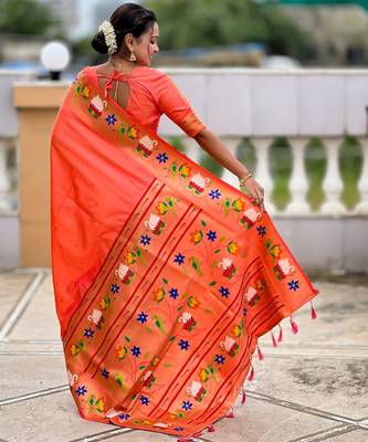 orange paithani silk blend woven meenakari jacquard heavy wedding special saree 2