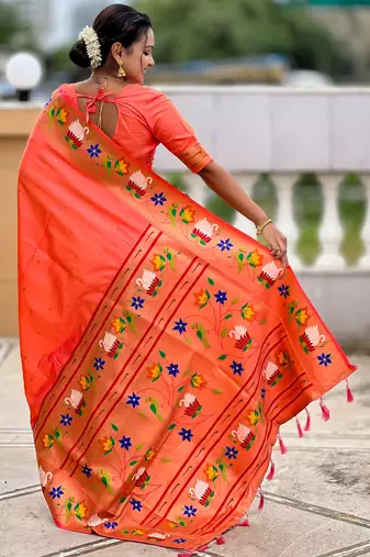 orange paithani silk blend woven meenakari jacquard heavy wedding special saree