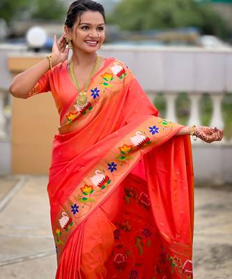 orange paithani silk blend woven meenakari jacquard heavy wedding special saree 3