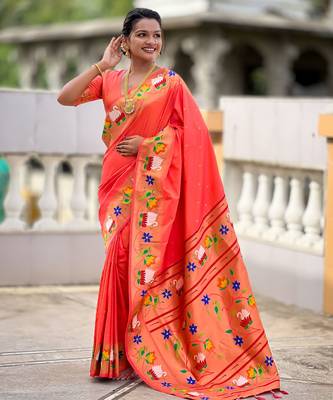 orange paithani silk blend woven meenakari jacquard heavy wedding special saree 4