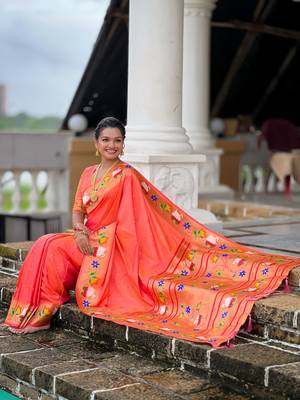 orange paithani silk blend woven meenakari jacquard heavy wedding special saree 5