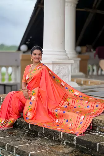 orange paithani silk blend woven meenakari jacquard heavy wedding special saree
