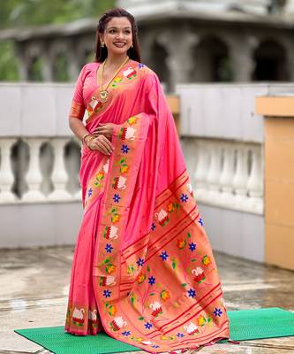 pink paithani silk blend woven meenakari jacquard heavy wedding special saree 1