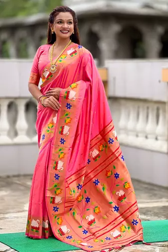 pink color paithani silk blend  woven meenakari jacquard designer heavy wedding special saree