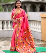 pink paithani silk blend woven meenakari jacquard heavy wedding special saree