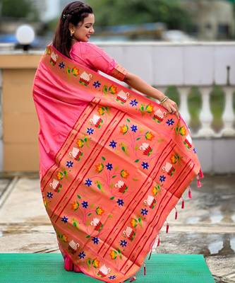 pink paithani silk blend woven meenakari jacquard heavy wedding special saree 2