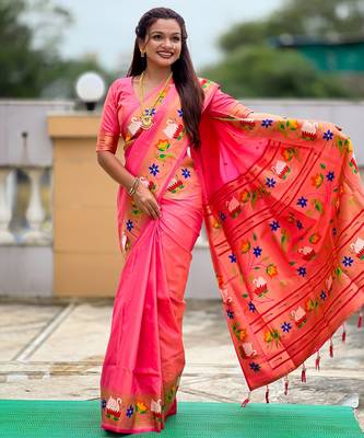 pink paithani silk blend woven meenakari jacquard heavy wedding special saree 4