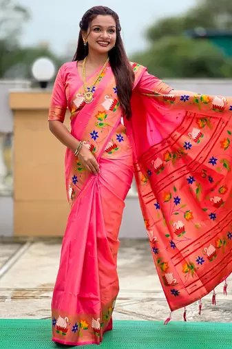pink paithani silk blend woven meenakari jacquard heavy wedding special saree
