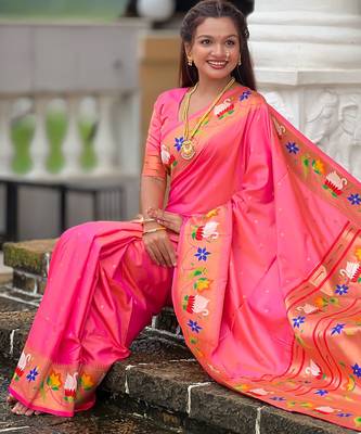 pink paithani silk blend woven meenakari jacquard heavy wedding special saree 5
