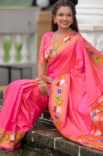 pink paithani silk blend woven meenakari jacquard heavy wedding special saree