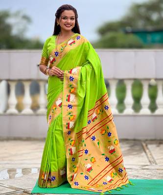 parrot green paithani silk blend woven meenakari jacquard heavy wedding special saree 1