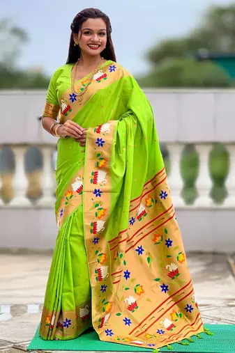 parrot green color paithani silk blend  woven meenakari jacquard designer heavy wedding special saree