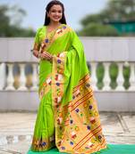parrot green paithani silk blend woven meenakari jacquard heavy wedding special saree