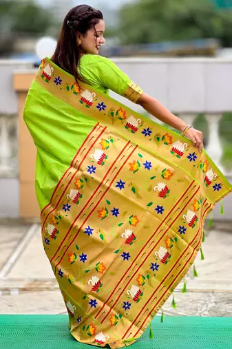 parrot green paithani silk blend woven meenakari jacquard heavy wedding special saree